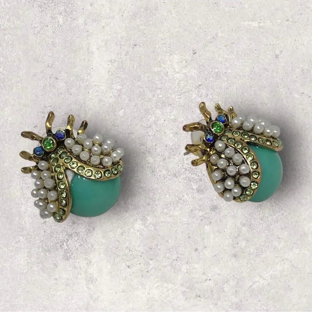 Betsy Johnson Earrings Turquoise Green & Gold Ladybug Stud Backing - Picture 2 of 5